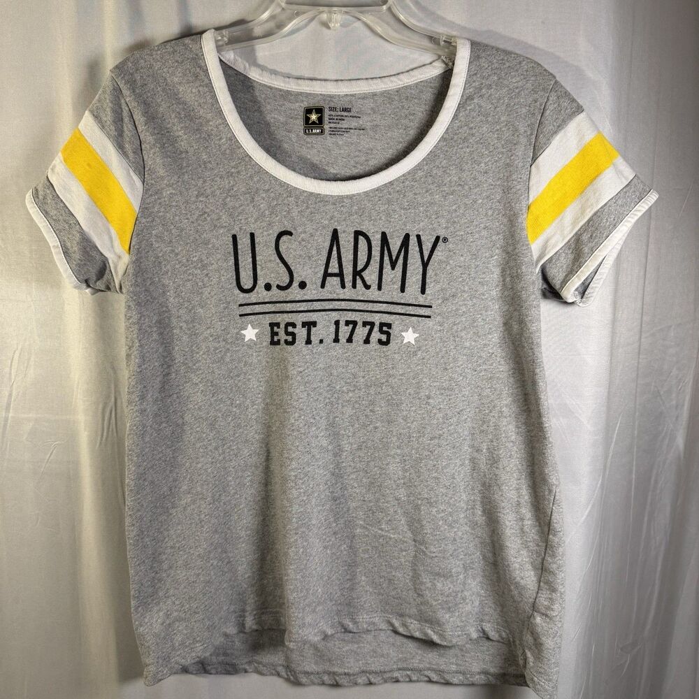 U.S. Army Women’s Graphic T-Shirt Gray Yellow Stripe Sleeve Tee Size Large